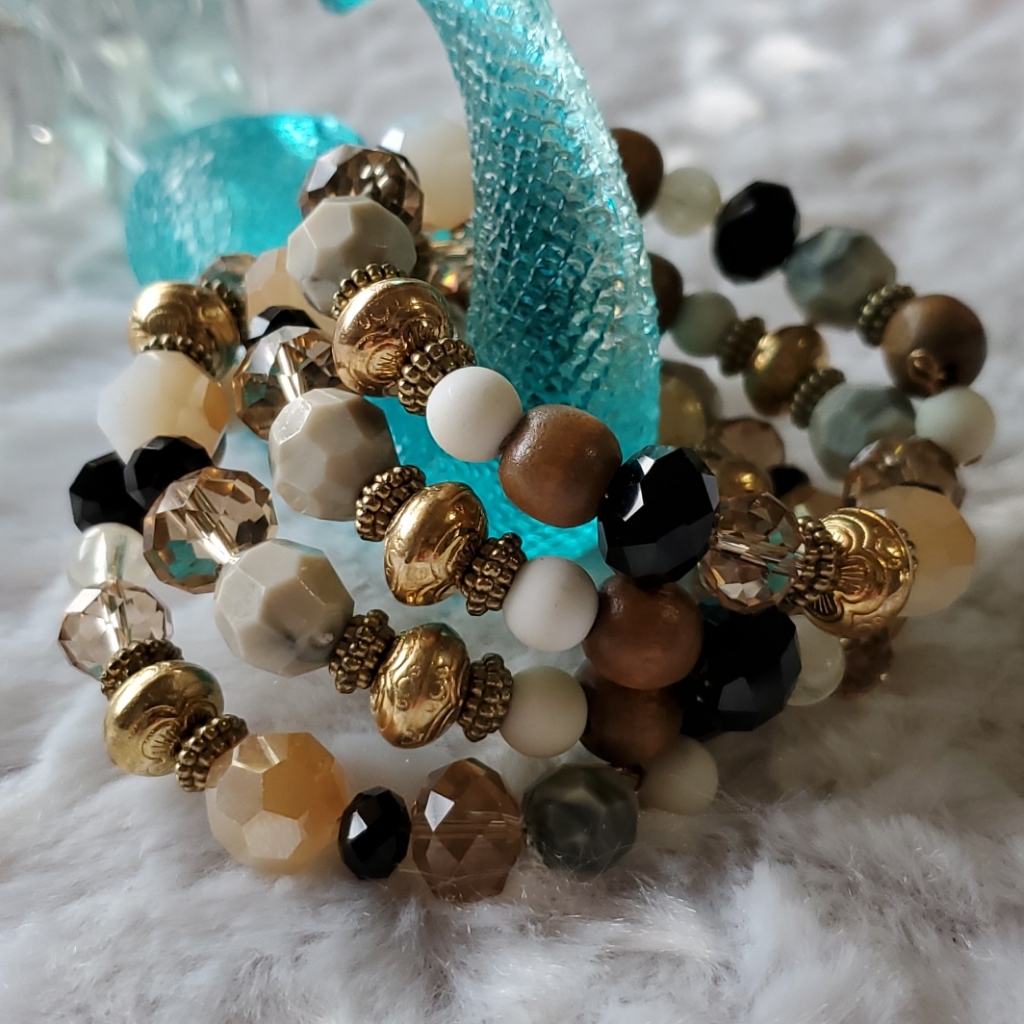 Macy's Memory Wire Bracelet Bronze Black Tan White Crystals Goldtone Beaded